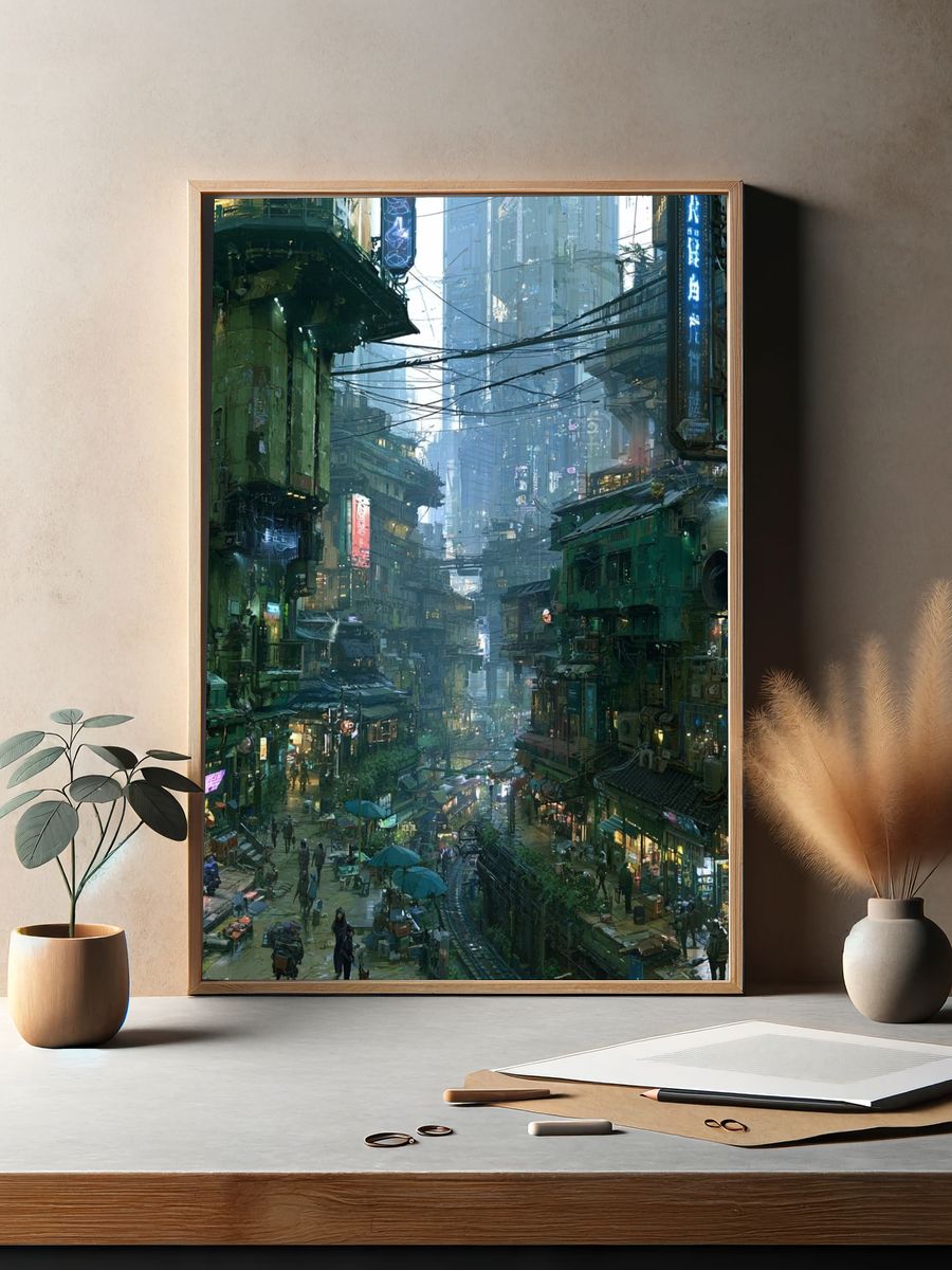 Cyberpunk City Alley Illustration Poster. — room view 2