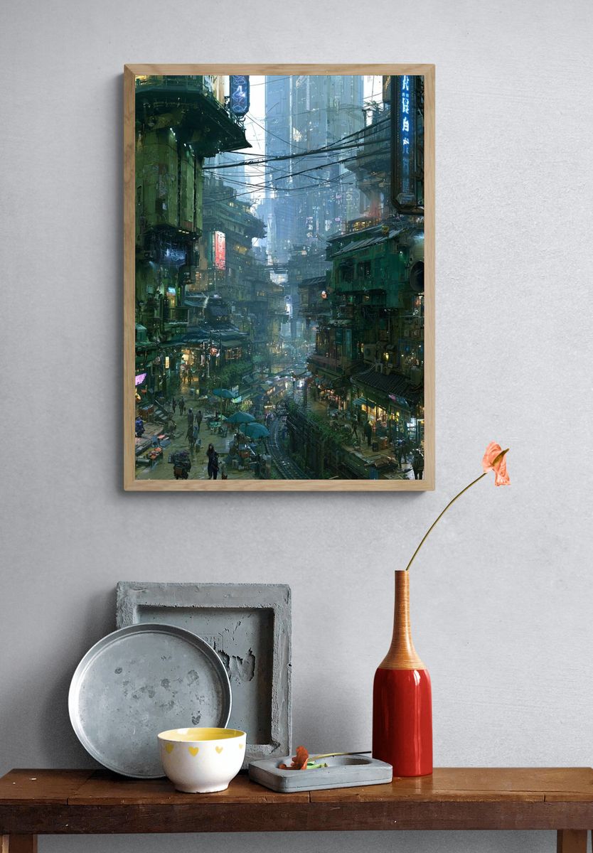 Cyberpunk City Alley Illustration Poster. — room view 3