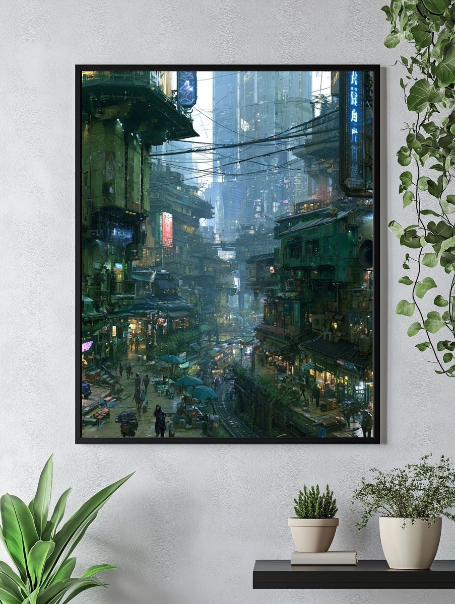 Cyberpunk City Alley Illustration Poster. — room view 4