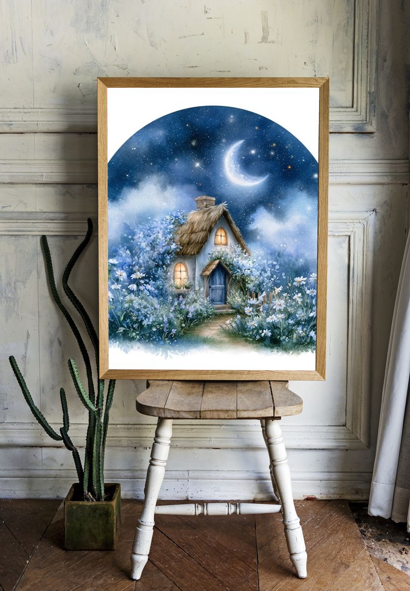 Moonlit Cottage Watercolor Print. room preview