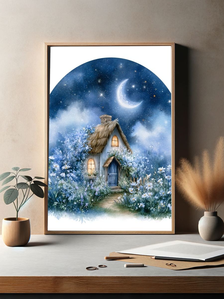 Moonlit Cottage Watercolor Print. — room view 2