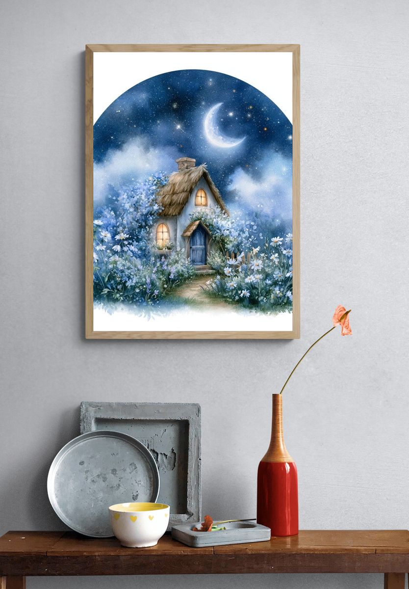 Moonlit Cottage Watercolor Print. — room view 3