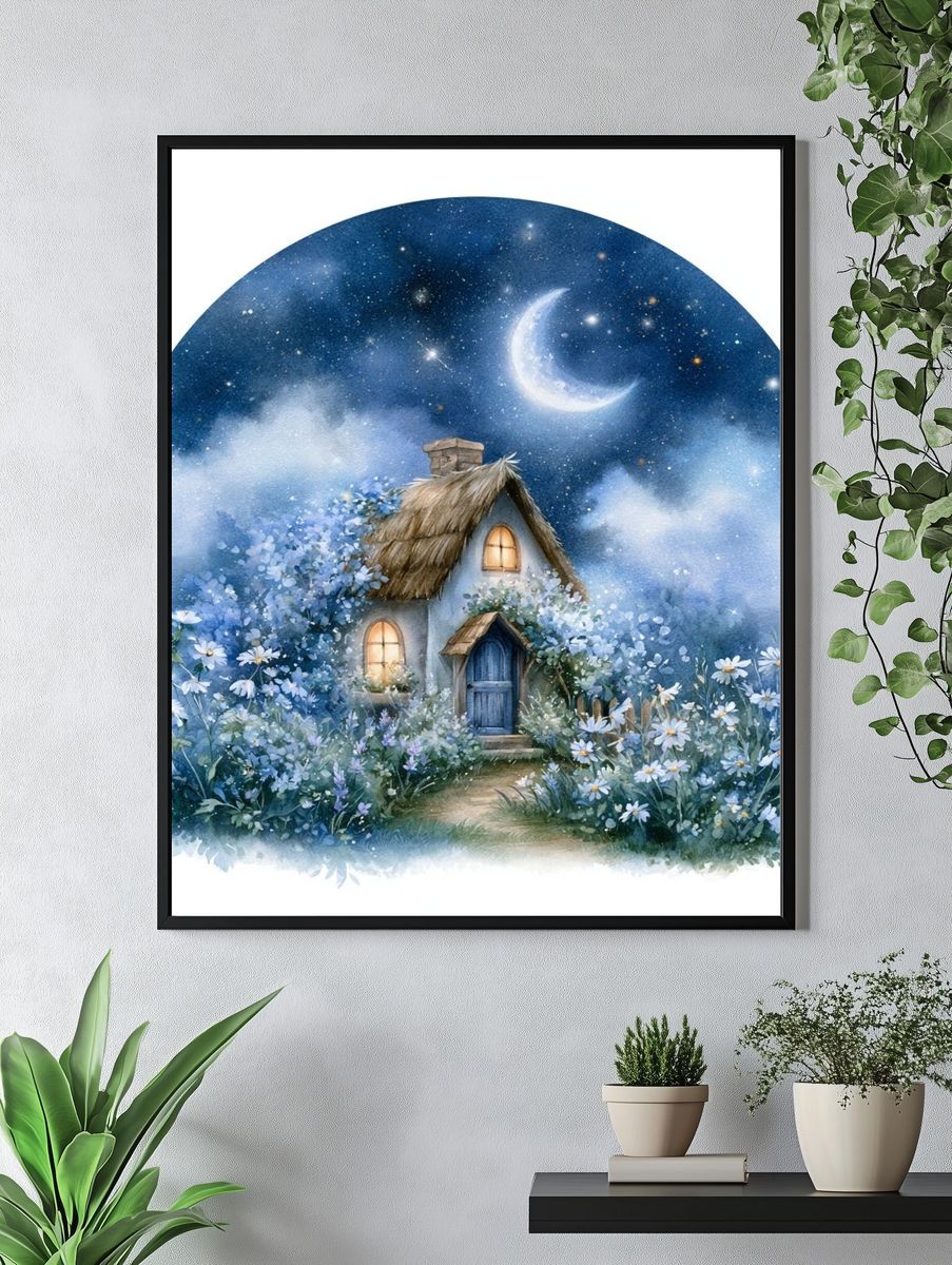 Moonlit Cottage Watercolor Print. — room view 4