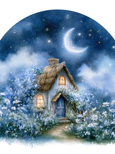 Moonlit Cottage Watercolor Print.