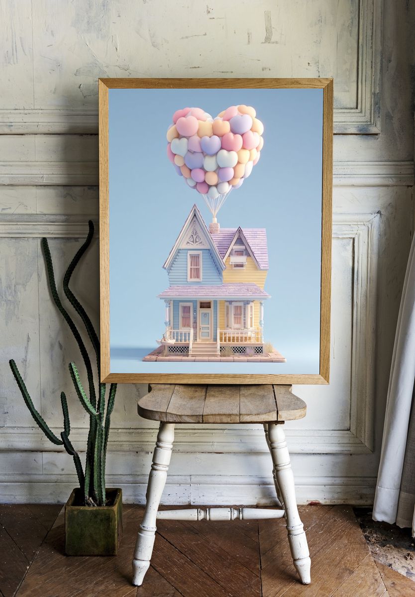 Pastel Balloon House Illustration Print. room preview