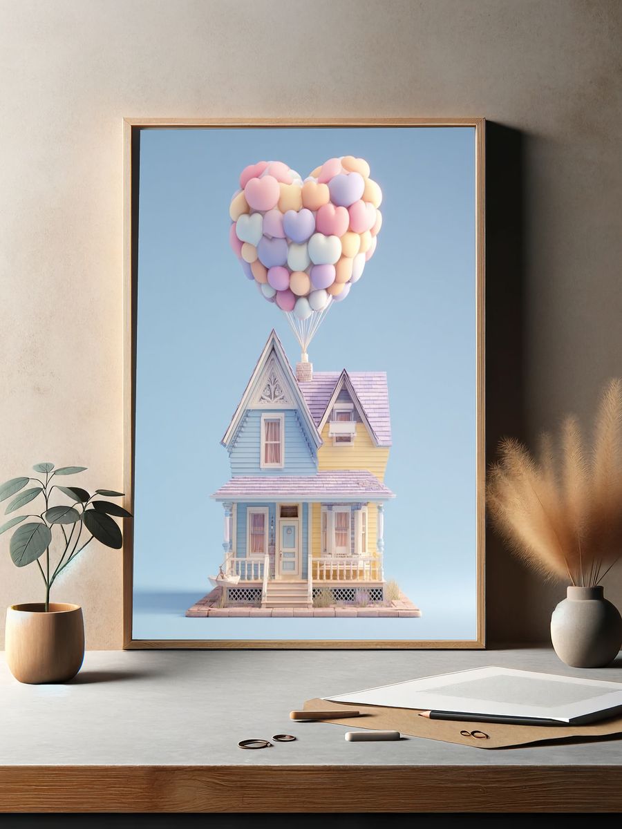Pastel Balloon House Illustration Print. — room view 2