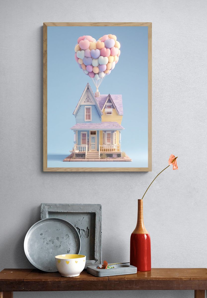 Pastel Balloon House Illustration Print. — room view 3