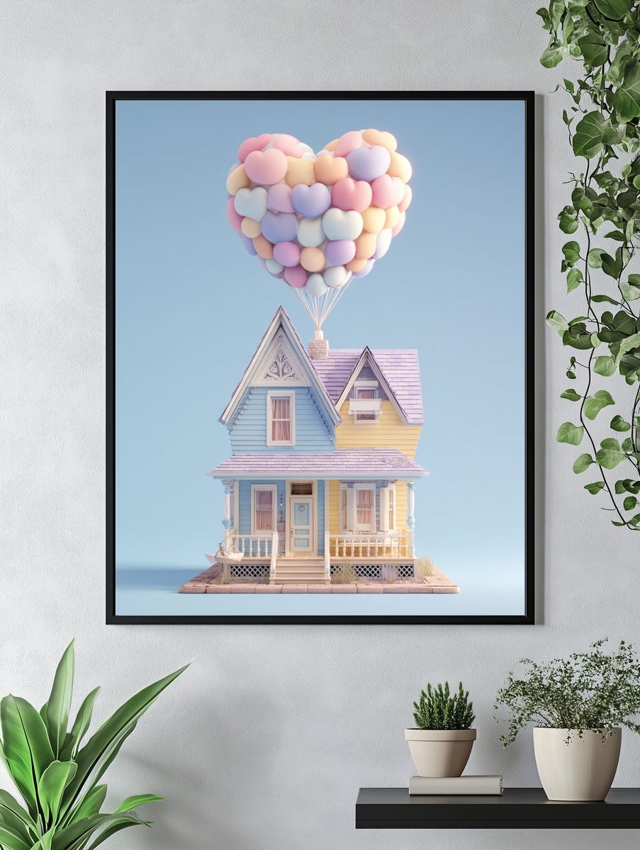 Pastel Balloon House Illustration Print. — room view 4