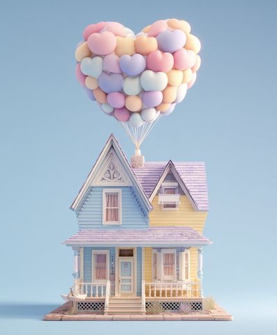 Pastel Balloon House Illustration Print.