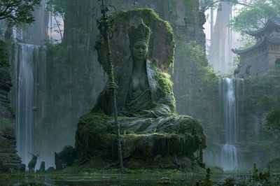 Mossy Temple Guardian Fantasy Print. poster