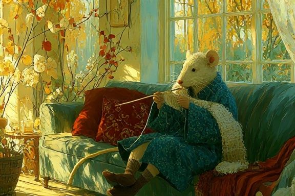 Mouse Knitting by the Window Print. poster detail