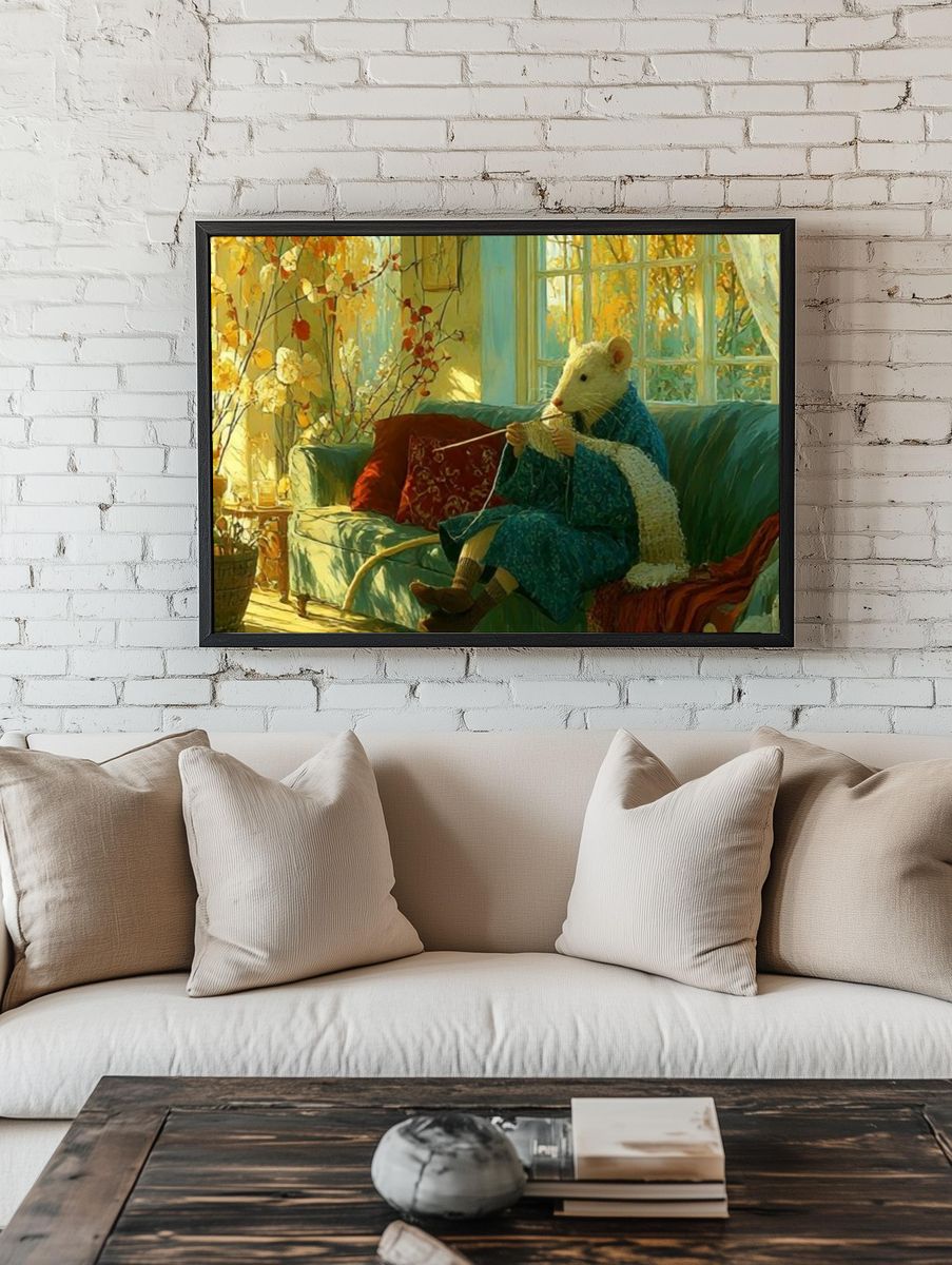 Mouse Knitting by the Window Print. — room view 1