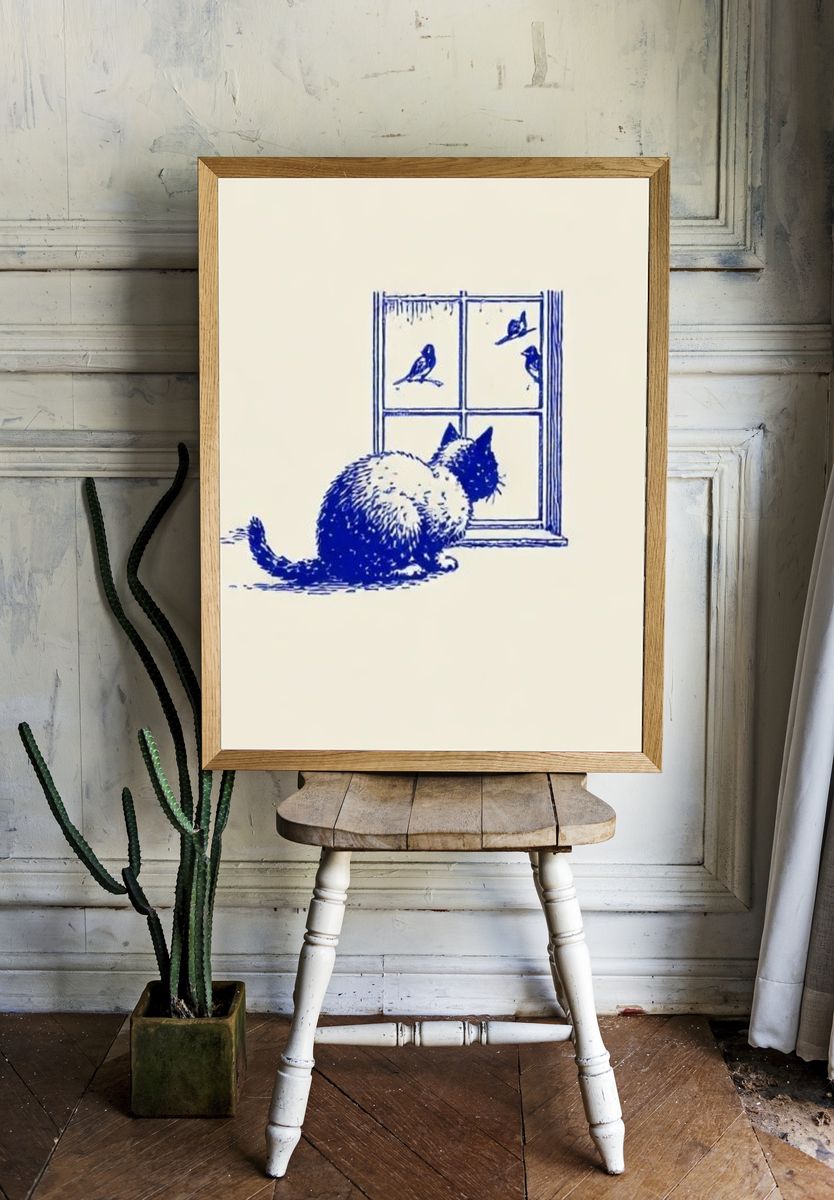 Cat at Window Illustration Print. room preview