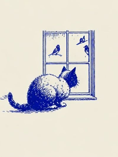 Cat at Window Illustration Print.