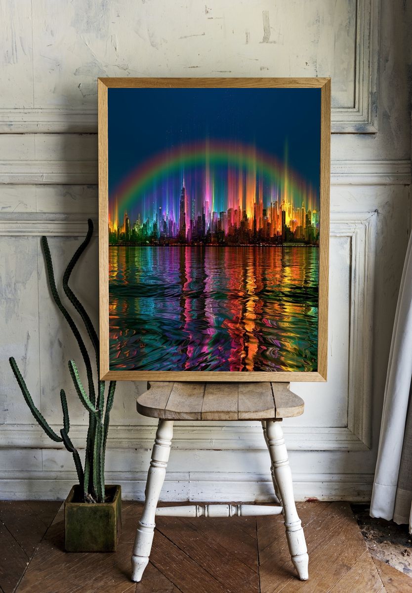 Neon Rainbow Skyline Poster. room preview