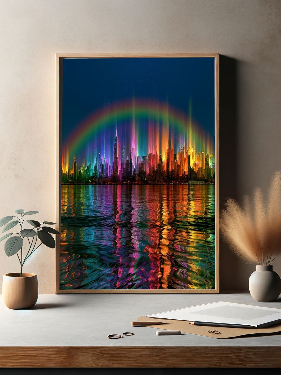 Neon Rainbow Skyline Poster. — room view 2
