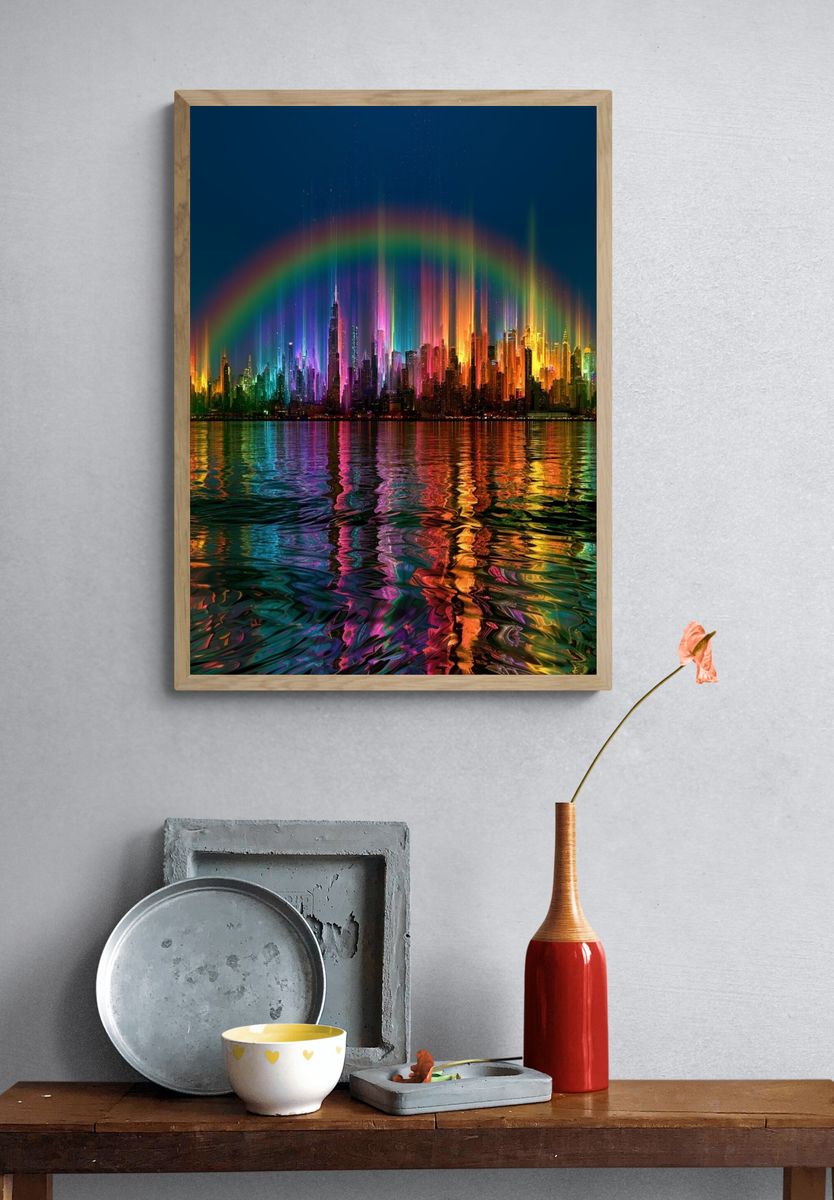 Neon Rainbow Skyline Poster. — room view 3