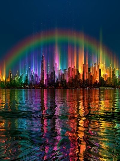 Neon Rainbow Skyline Poster.