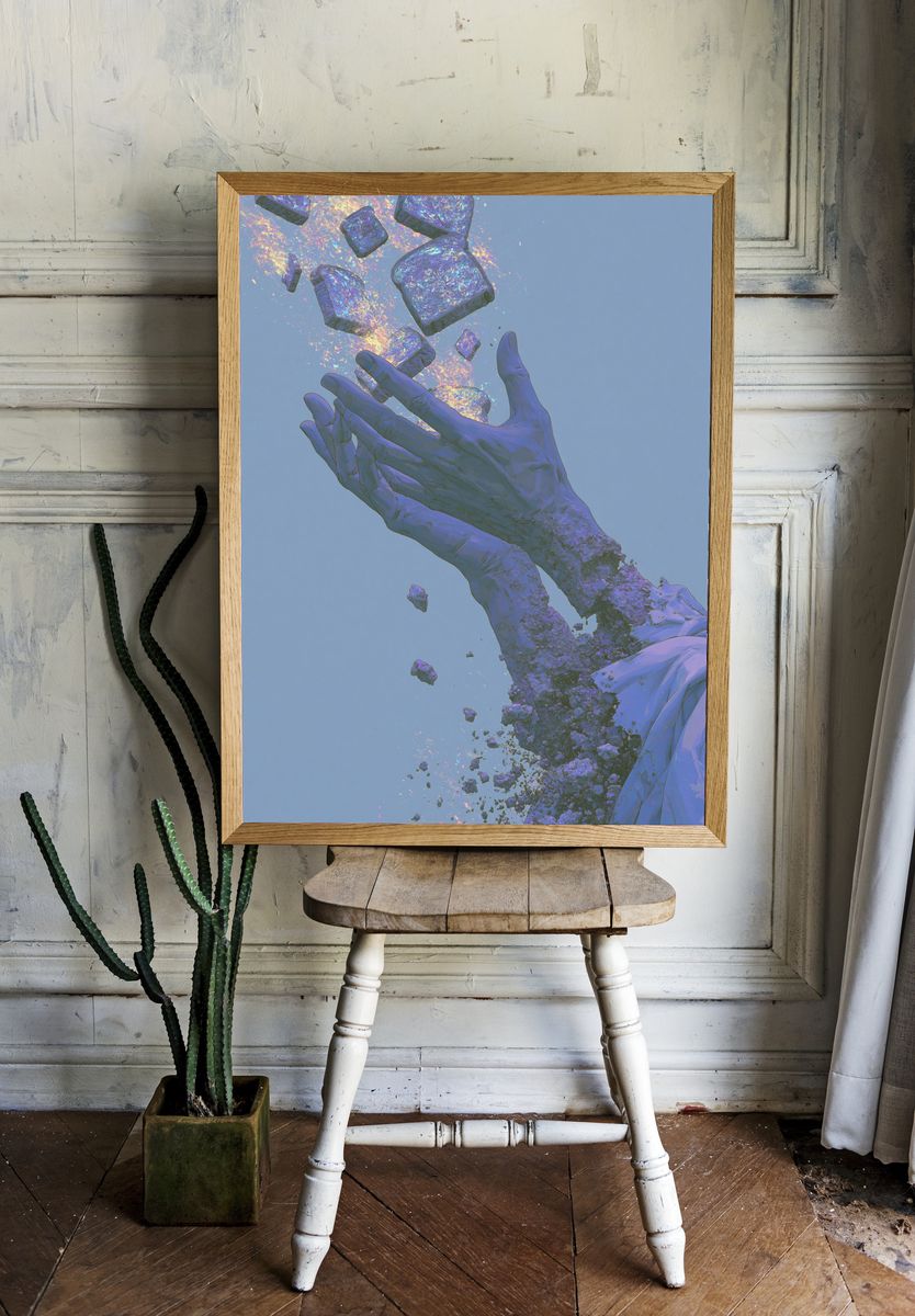 Floating Hands Surrealism Print. room preview
