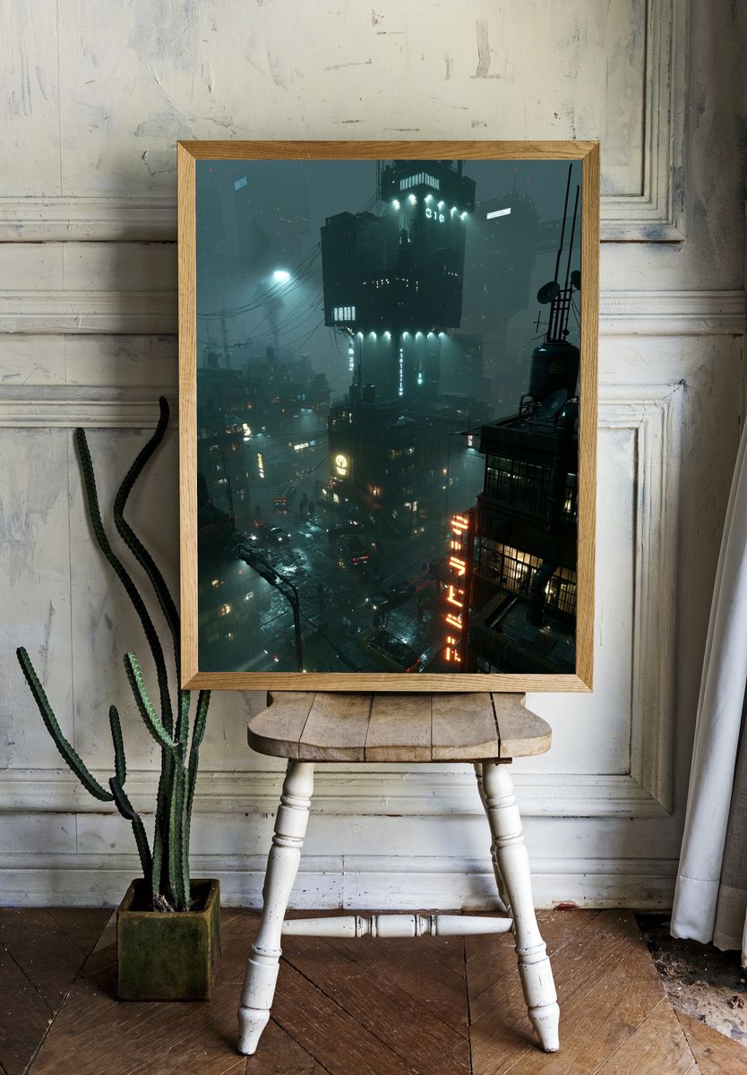 Neon Cyberpunk Cityscape Poster. — room view 1