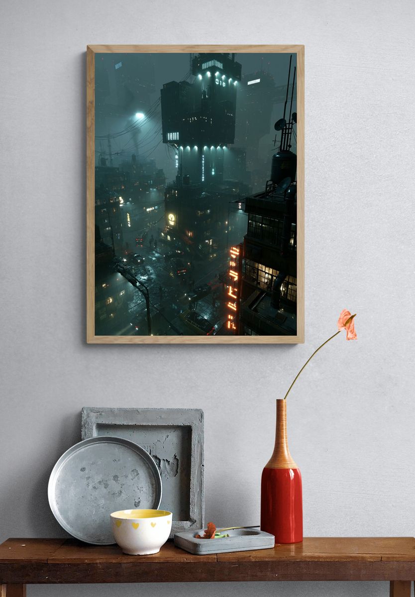 Neon Cyberpunk Cityscape Poster. — room view 3
