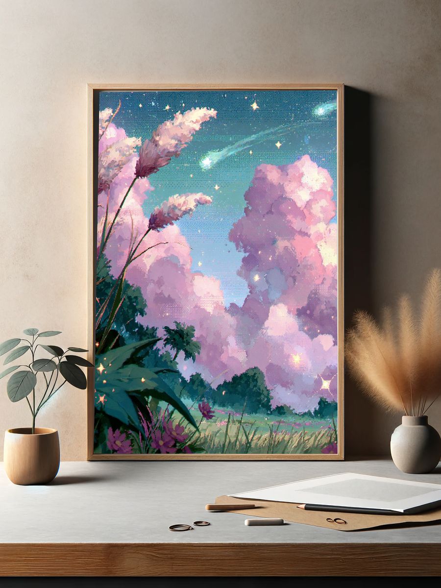 Dreamy Pink Sky Flowers Poster. — room view 2