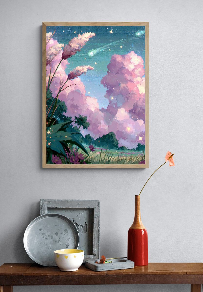 Dreamy Pink Sky Flowers Poster. — room view 3