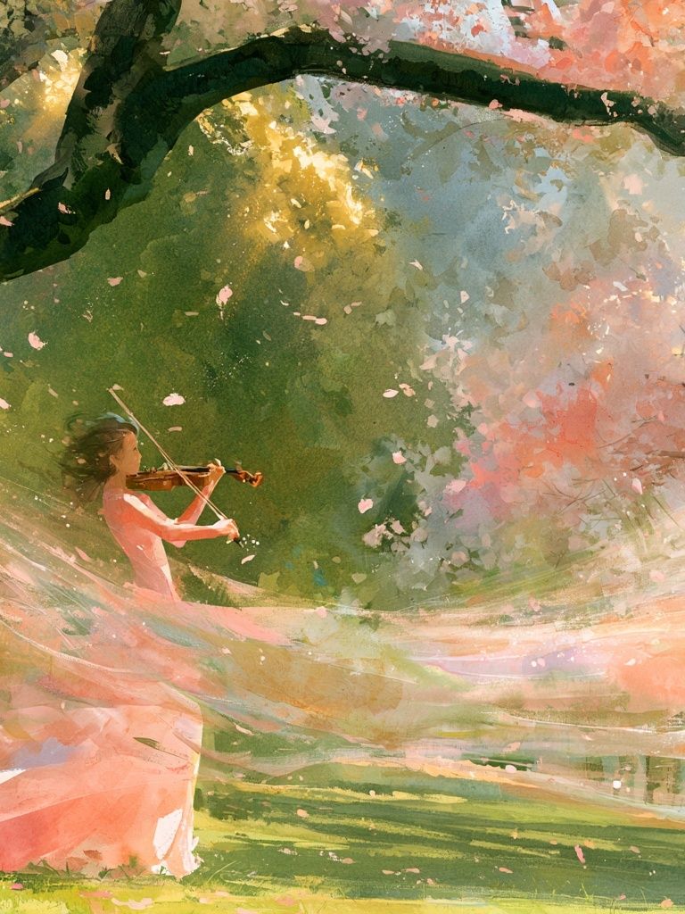 Violin in Cherry Blossom Grove Print. poster detail