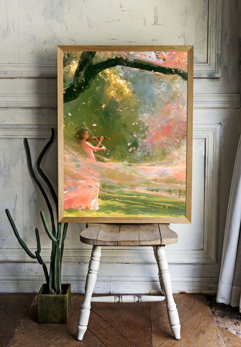 Violin in Cherry Blossom Grove Print. room preview