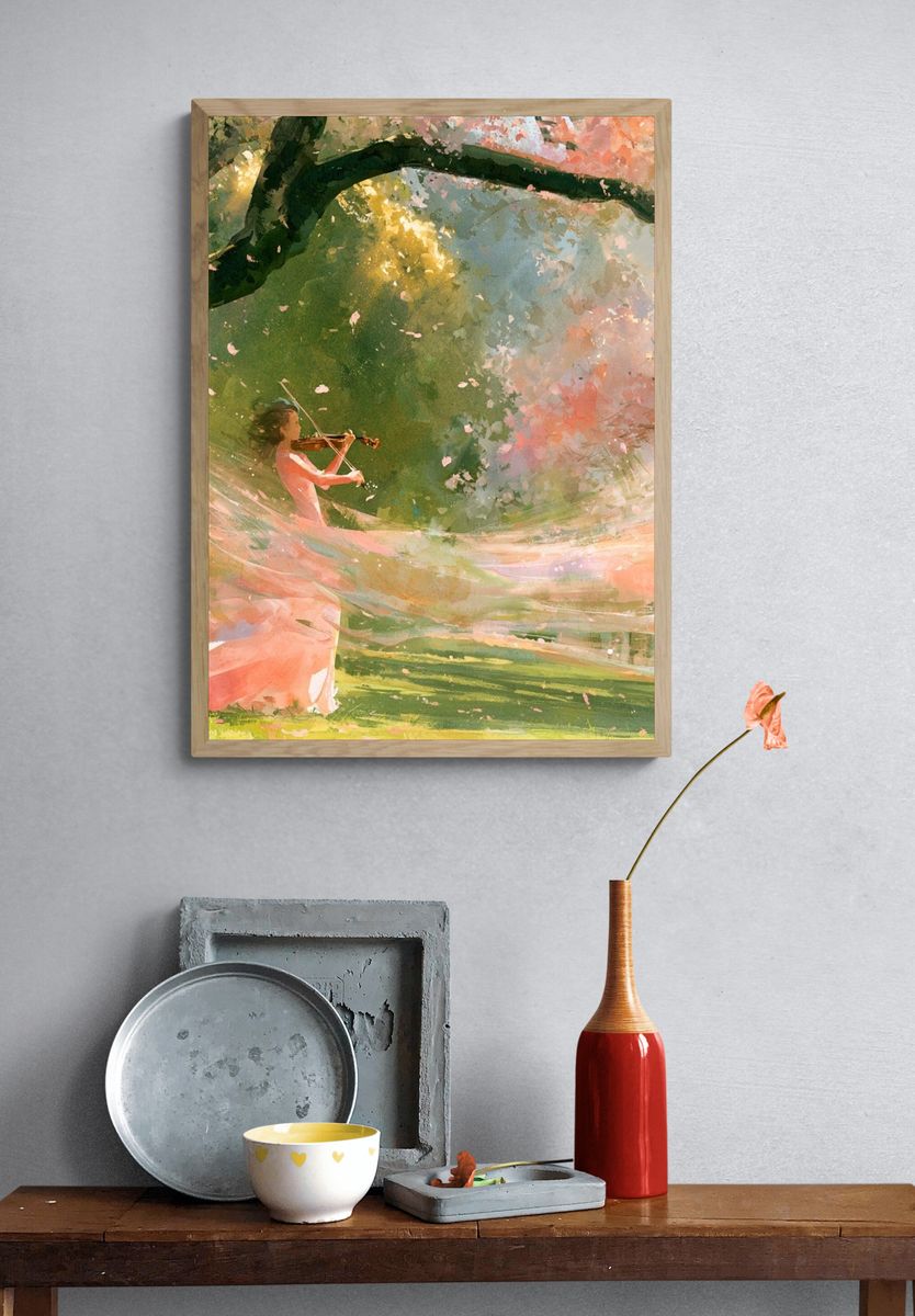 Violin in Cherry Blossom Grove Print. — room view 3