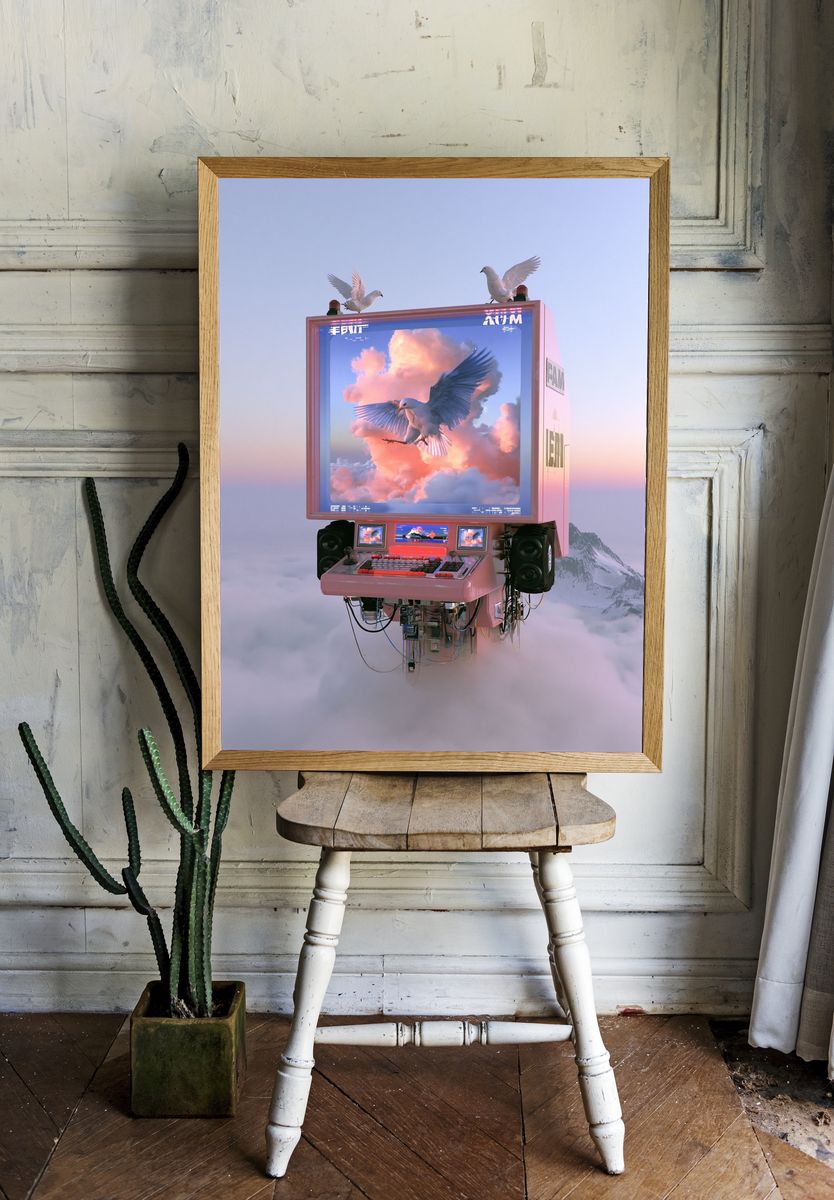 Surreal Bird Machine Digital Art Print. room preview