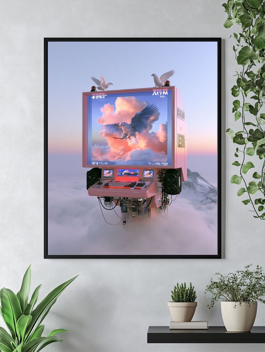 Surreal Bird Machine Digital Art Print. — room view 4