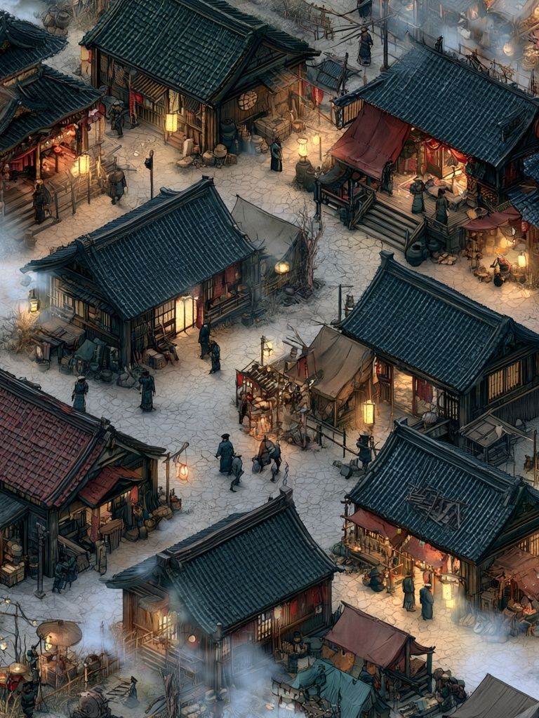 Ancient Market Village Illustration Poster. poster — illustration art