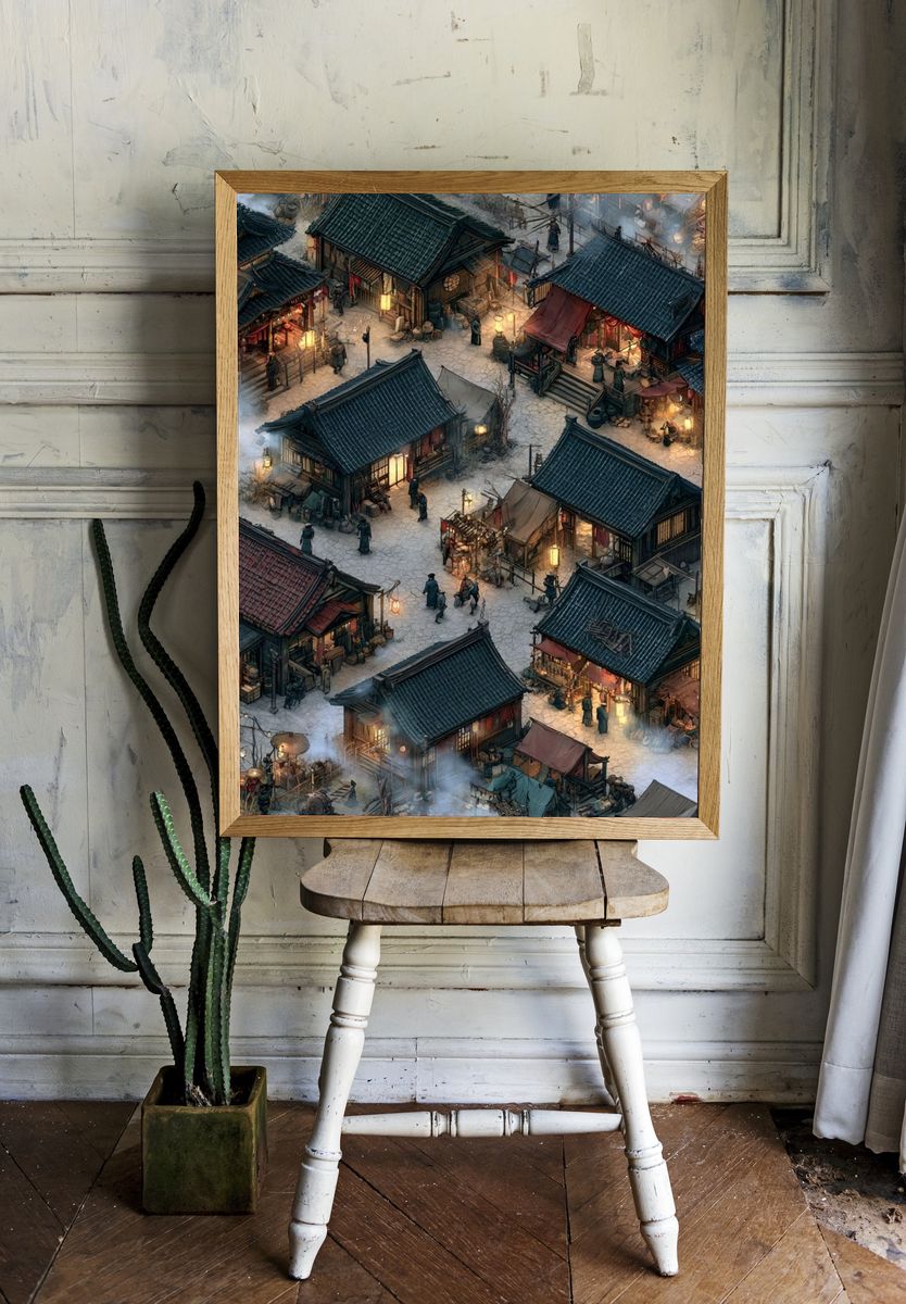 Ancient Market Village Illustration Poster. — room view 1