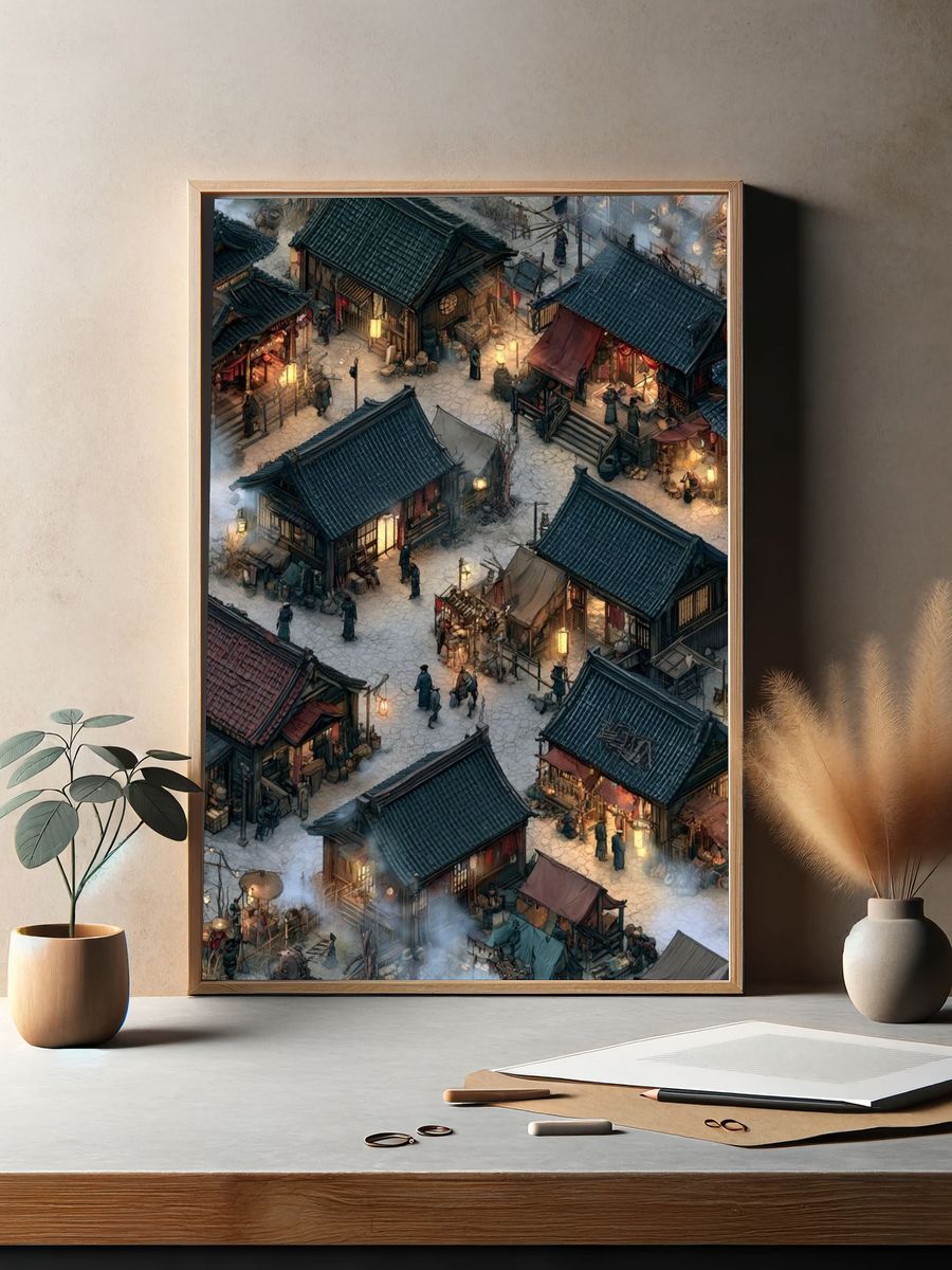 Ancient Market Village Illustration Poster. — room view 2