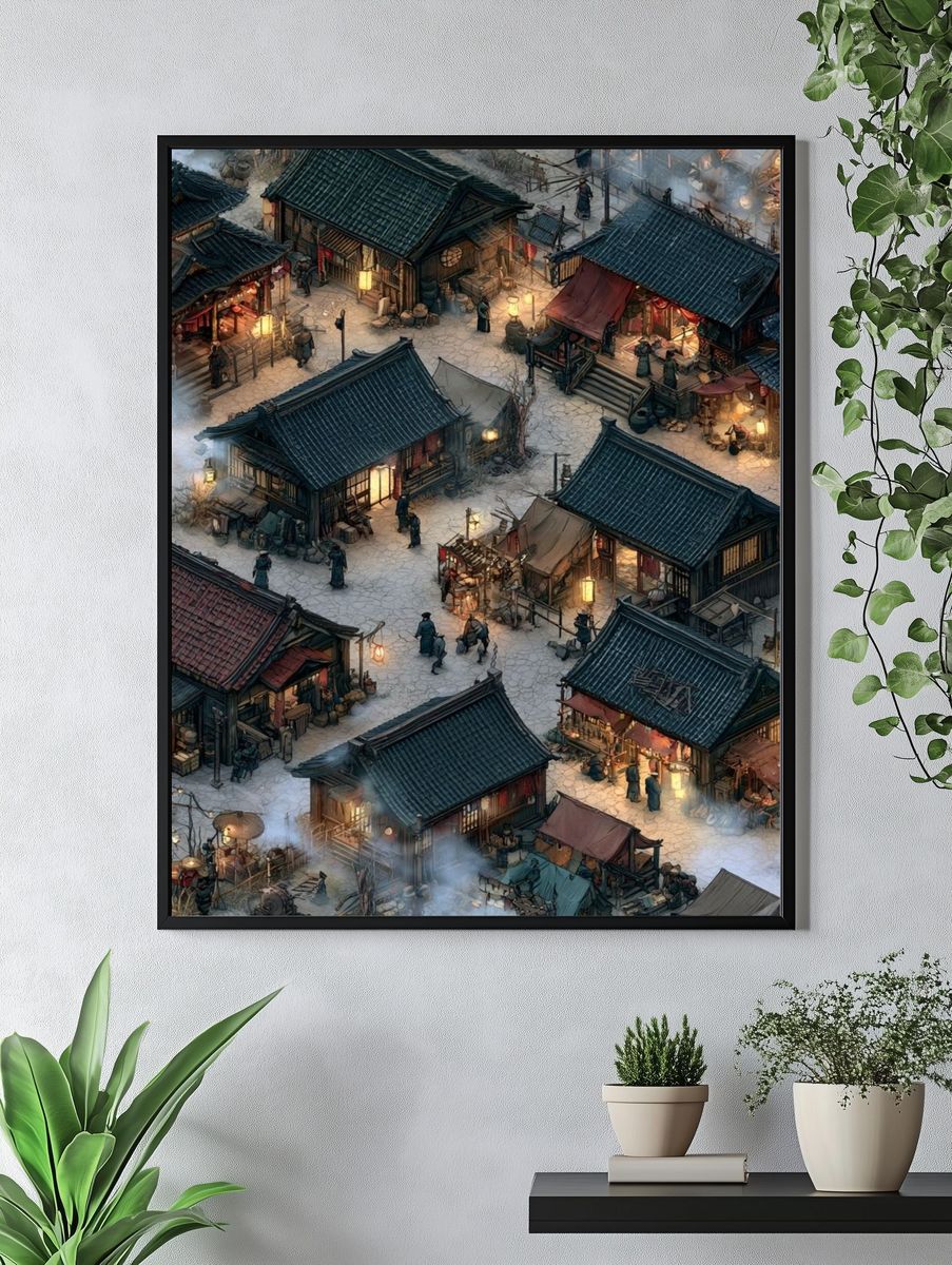 Ancient Market Village Illustration Poster. — room view 4
