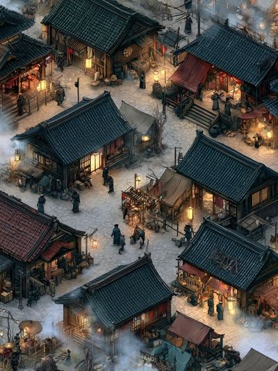 Ancient Market Village Illustration Poster.