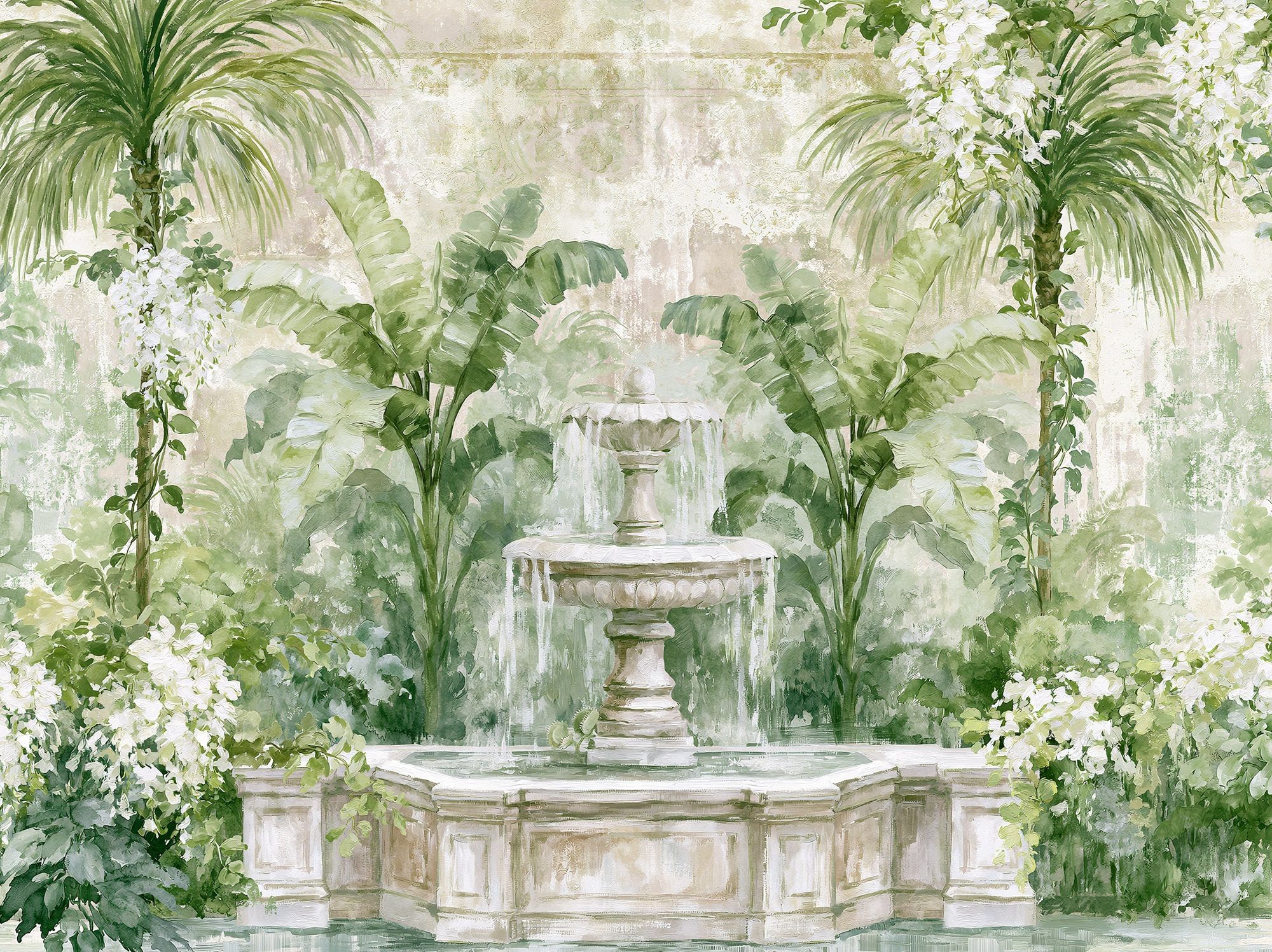 Tropical Garden Fountain Illustration Print. poster detail