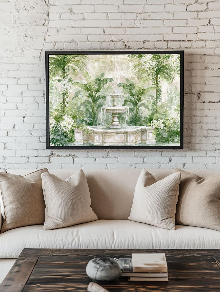 Tropical Garden Fountain Illustration Print. — room view 1