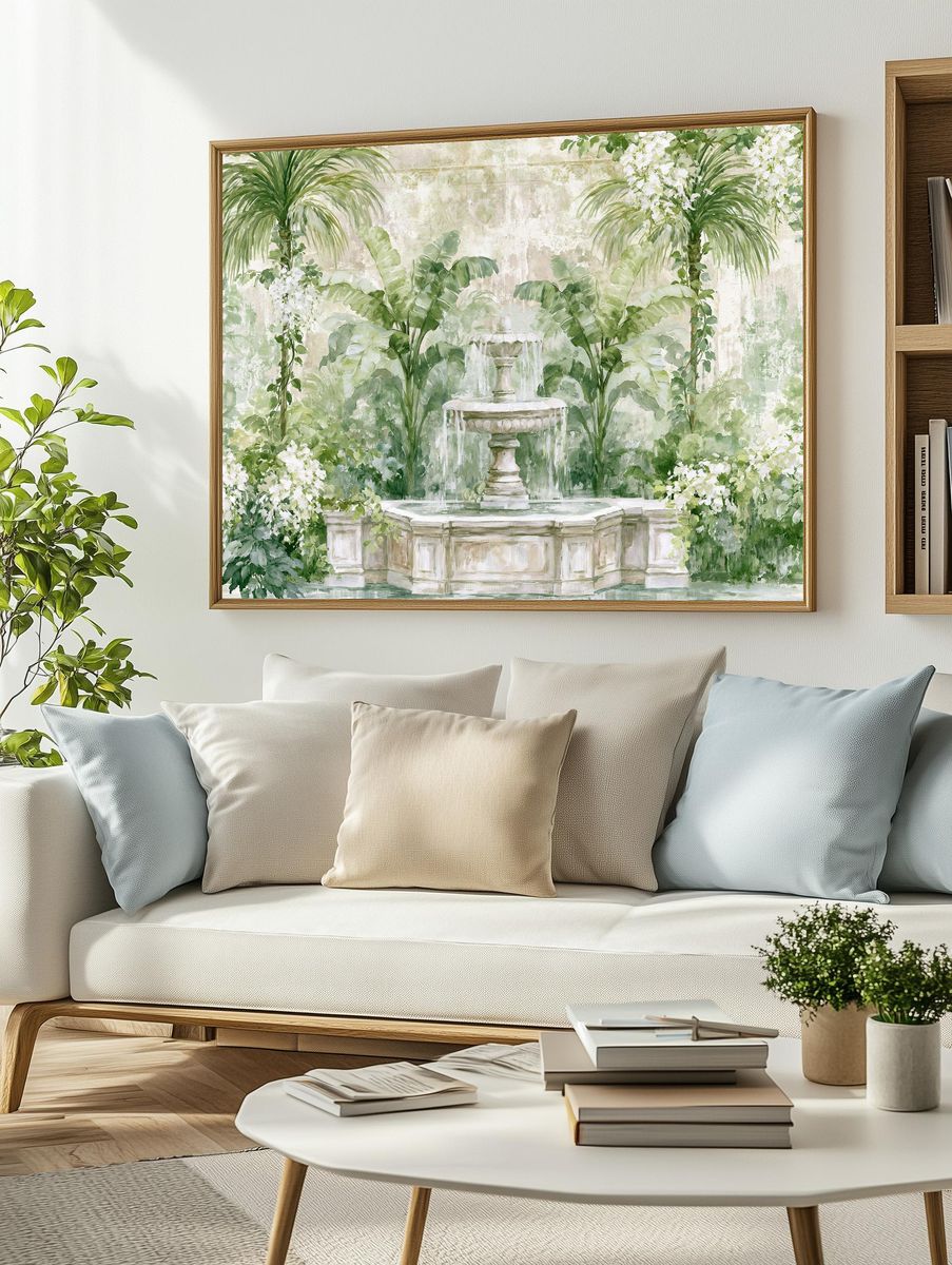 Tropical Garden Fountain Illustration Print. — room view 2