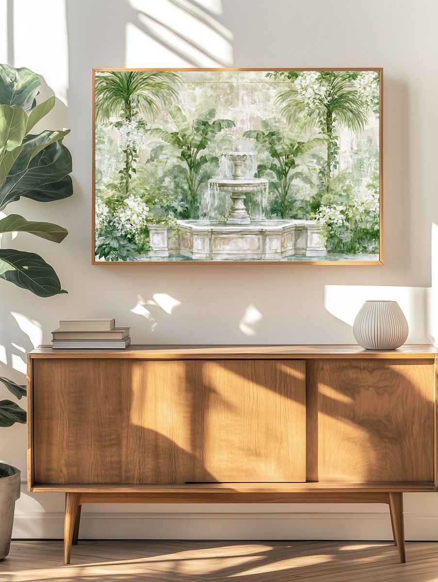 Tropical Garden Fountain Illustration Print. — room view 3