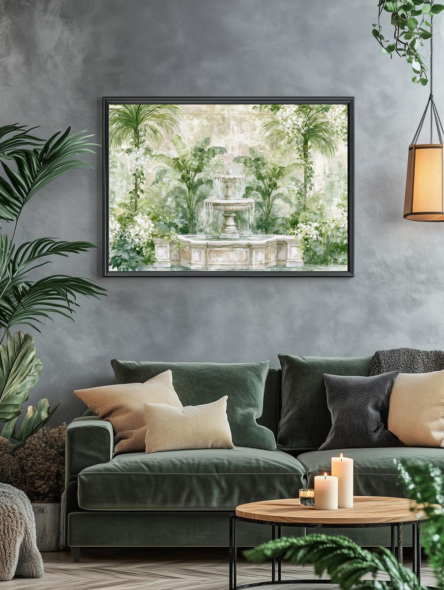 Tropical Garden Fountain Illustration Print. — room view 4