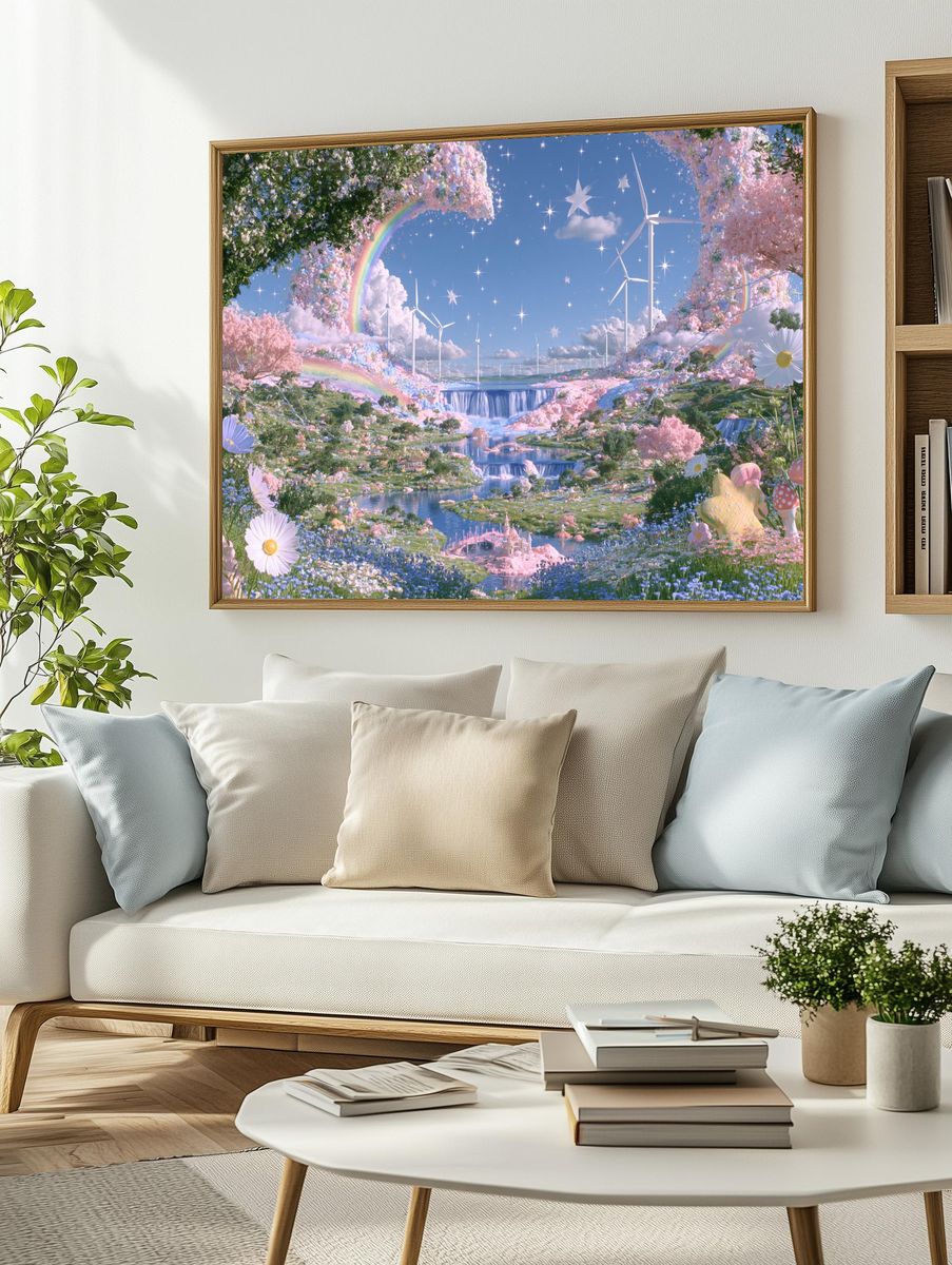 Dreamy Rainbow Valley Illustration Poster. — room view 2