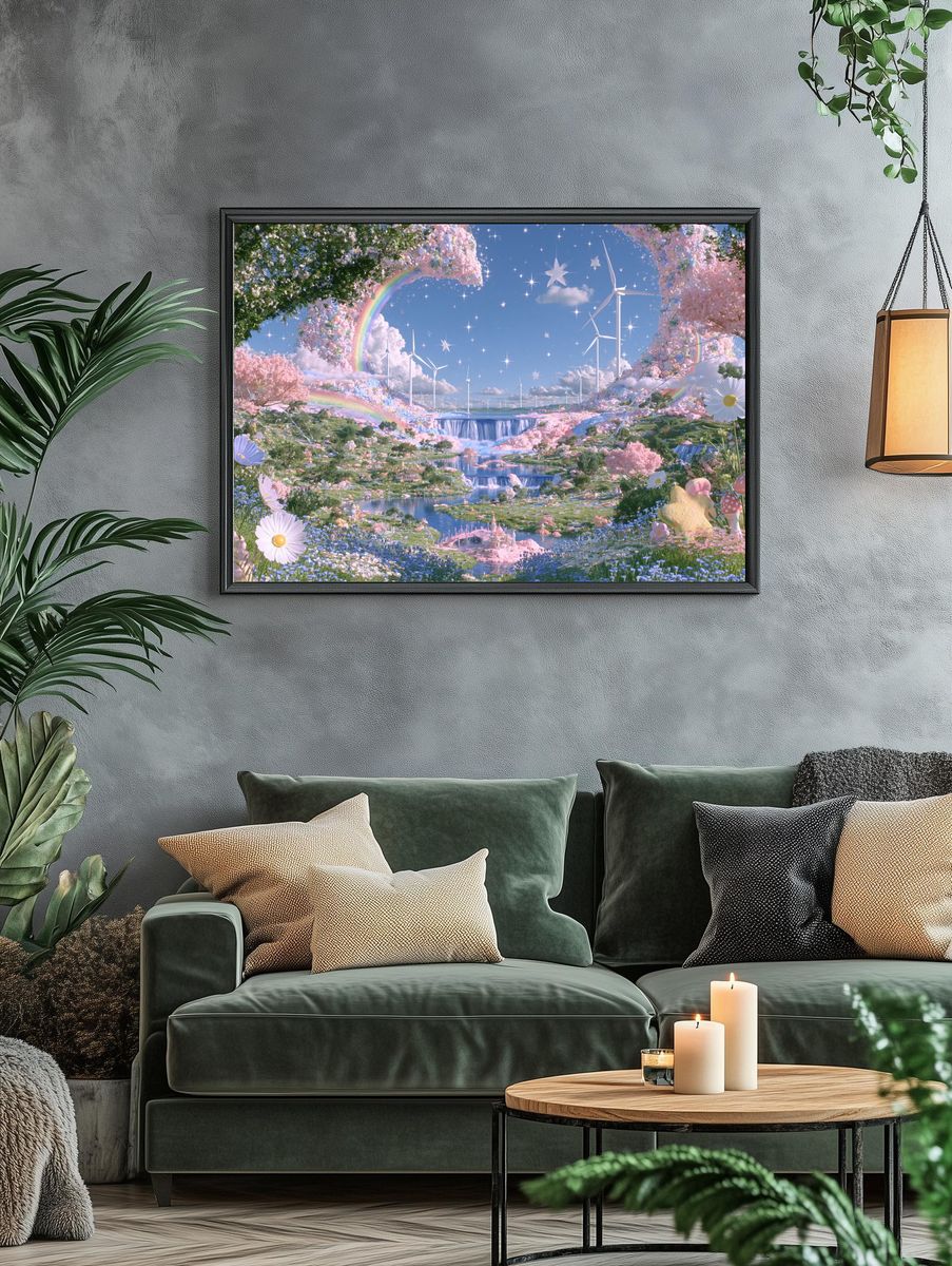 Dreamy Rainbow Valley Illustration Poster. — room view 4