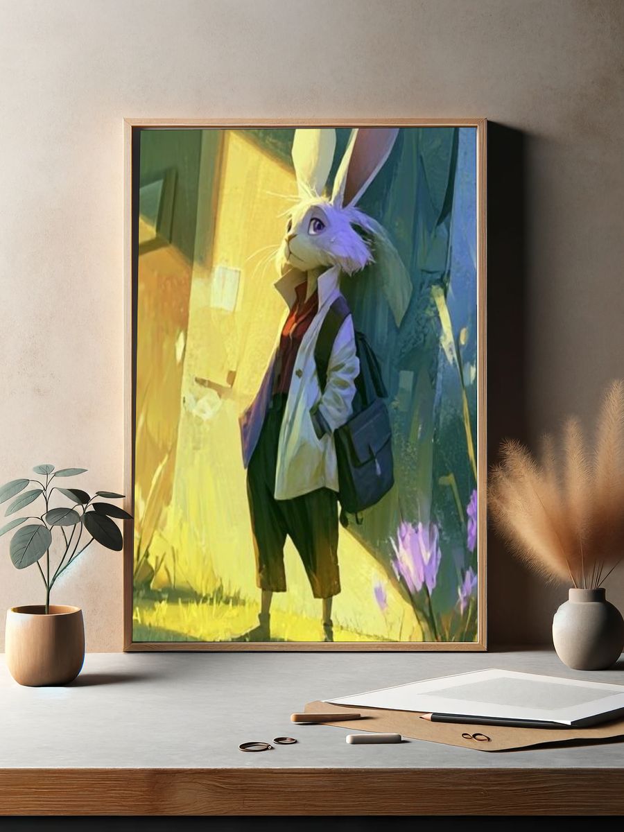 Rabbit in Sunlit Alley Illustration Poster. — room view 2