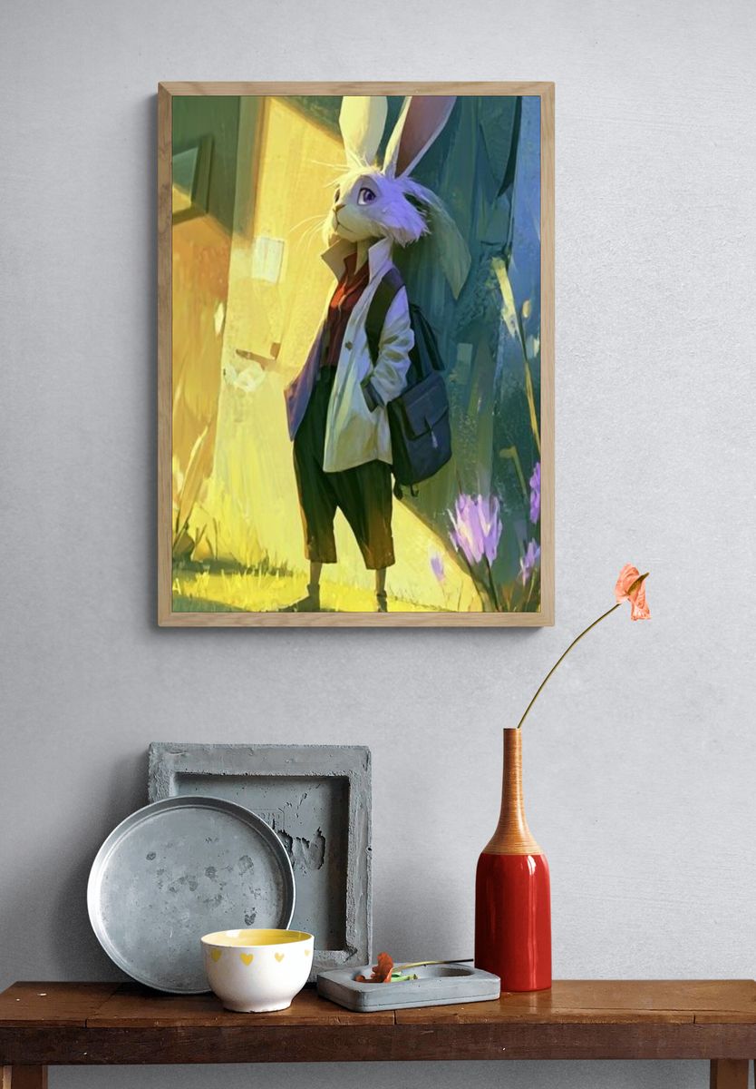 Rabbit in Sunlit Alley Illustration Poster. — room view 3