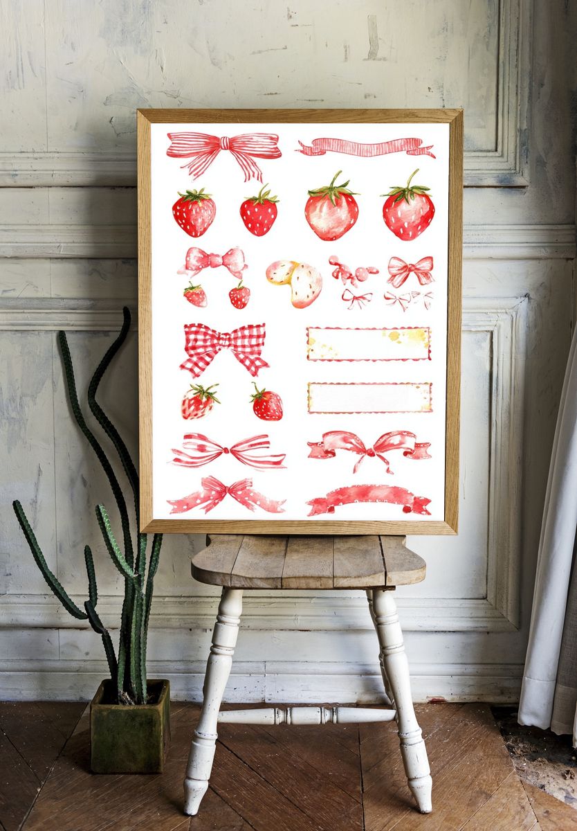 Strawberry Ribbon Watercolor Print. room preview