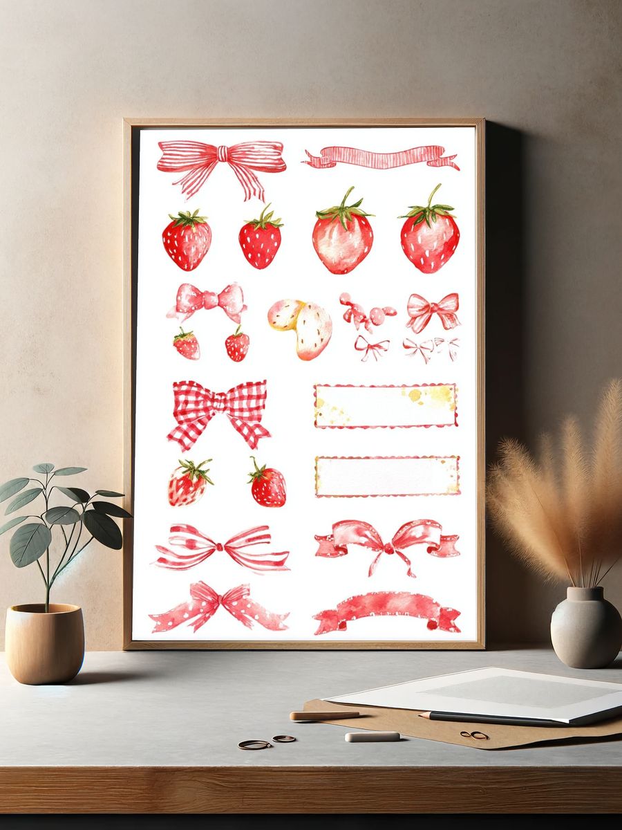 Strawberry Ribbon Watercolor Print. — room view 2