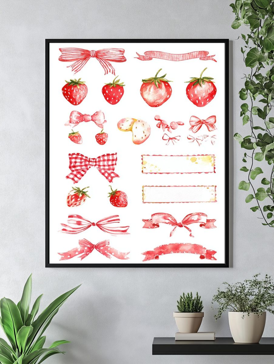 Strawberry Ribbon Watercolor Print. — room view 4