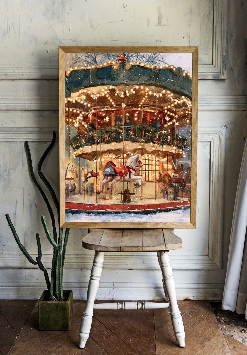 Winter Carousel Watercolor Poster. room preview